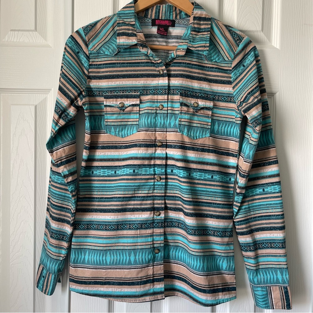 Rock & Roll Denim Pearl Snap Shirt Junior/Youth XL Measurements In Pic